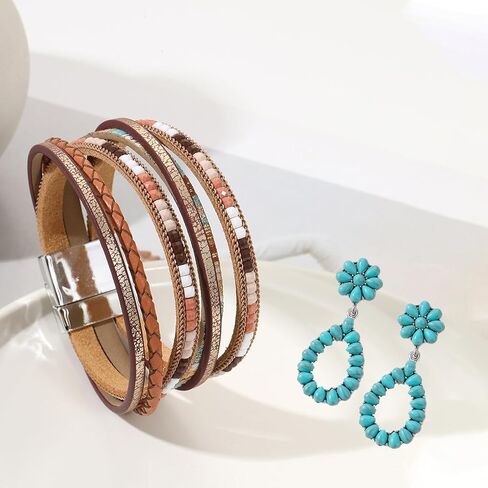 QCWN Women's Western Cowgirl Necklace Set - Layered Boho Necklaces with Vintage Turquoise, Moon, Cowboy Boot | Western Accessories for Country Outfits in Kuwait