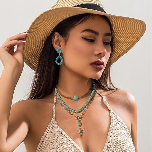 QCWN Women's Western Cowgirl Necklace Set - Layered Boho Necklaces with Vintage Turquoise, Moon, Cowboy Boot | Western Accessories for Country Outfits in Kuwait