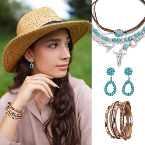 QCWN Women's Western Cowgirl Necklace Set - Layered Boho Necklaces with Vintage Turquoise, Moon, Cowboy Boot | Western Accessories for Country Outfits in Kuwait