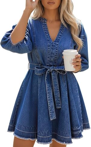 فستان جينز نسائي كاجوال فستان جينز فضفاض مناسب فستان دينم ضيق حزام فساتين الدينيم للنساء 2025 مع جيب in Kuwait