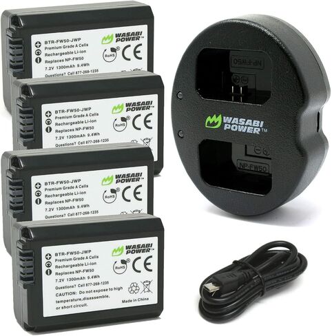 Wasabi Power Battery (4-Pack) and Dual USB Charger for Sony NP-FW50 and ZV-E10, Alpha a5100, a6000, a6300, a6400, a6500, Alpha a7, a7 II, a7R, a7R II, a7S, a7S II, DSC-RX10 III, RX10 IV & More in Saudi Arabia