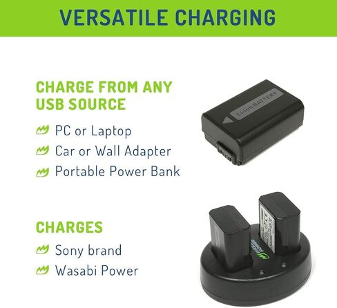 Wasabi Power Battery (4-Pack) and Dual USB Charger for Sony NP-FW50 and ZV-E10, Alpha a5100, a6000, a6300, a6400, a6500, Alpha a7, a7 II, a7R, a7R II, a7S, a7S II, DSC-RX10 III, RX10 IV & More in Saudi Arabia