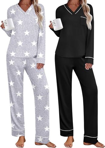 Ekouaer 2 Pack Women's Pajama Set Long Sleeve Sleepwear Loungewear V Neck Pjs Sets with Pockets S-XXL in Saudi Arabia