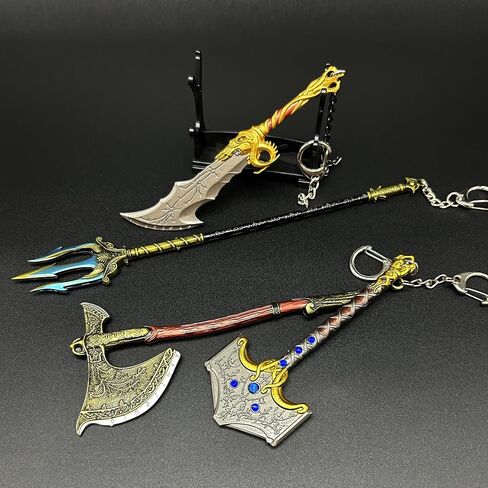 3.5" Mini Sword Charms Metal keychain with Display Stand, Blades of Chaos Ornament Desk Decor Cool Keychains for Men Accessory Gift Gaming Collectible Weapons in Saudi Arabia