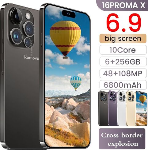 16Proma x Smartphone Smartphone 6.9 "HD Screen 6+256GB الهاتف الذكي مع بطاقة ذاكرة 128G نظام جديد 6800 مللي أمبير في الساعة بطارية مزدوجة SIM/Photeprint معرف/GPS (أسود) in Kuwait