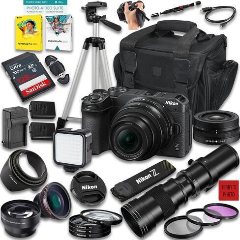 Nikon Z30 Mirrorless Camera with Z DX 16-50mm f/3.5-6.3 VR and 420-800mm f/8 Manual Super HD Telephoto Lens + 128 GB Memory + Extra Battery + Camera Case + More (29pc Bundle) (Renewed) in Saudi Arabia