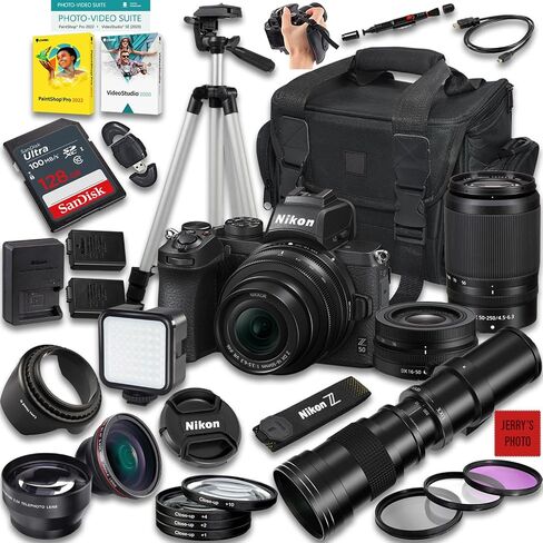 Nikon Z50 Mirrorless Camera with Z DX 16-50mm f/3.5-6.3 VR and 50-250mm f/4.5-6.3 VR & 420-800mm f/8 Lens + 128 GB Memory + Extra Battery + Camera Case + More (34pc Bundle) (Renewed) in Saudi Arabia