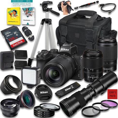 Nikon Z50 Mirrorless Camera with Z DX 18-140mm f/3.5-6.3 VR and 50-250mm f/4.5-6.3 VR & 420-800mm f/8 Lens + 128 GB Memory + Extra Battery + Camera Case + More (34pc Bundle) (Renewed) in Saudi Arabia