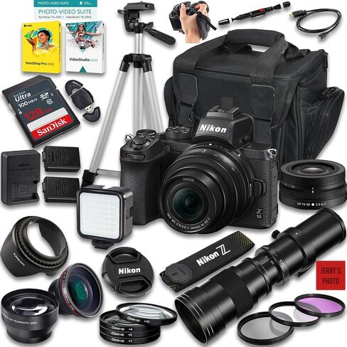 Nikon Z50 Mirrorless Camera with Z DX 16-50mm f/3.5-6.3 VR and 420-800mm f/8 Manual Super HD Telephoto Lens + 128 GB Memory + Extra Battery + Camera Case + More (31pc Bundle) (Renewed) in Saudi Arabia