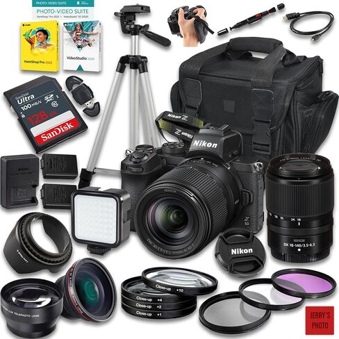 Nikon Z50 Mirrorless Camera with Z DX 18-140mm f/3.5-6.3 VR Lens + 128 GB Memory + Extra Battery + Camera Case + Tripod + More (29pc Bundle) (Renewed) in Saudi Arabia