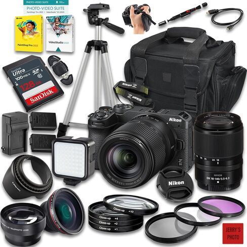 كاميرا Nikon Z30 بدون مرآة مع عدسة Z DX مقاس 18-140 مم f/3.5-6.3 VR + ذاكرة سعة 128 جيجابايت + بطارية إضافية + حقيبة كاميرا + حامل ثلاثي القوائم + المزيد (حزمة مكونة من 27 قطعة) (متجددة) in Saudi Arabia
