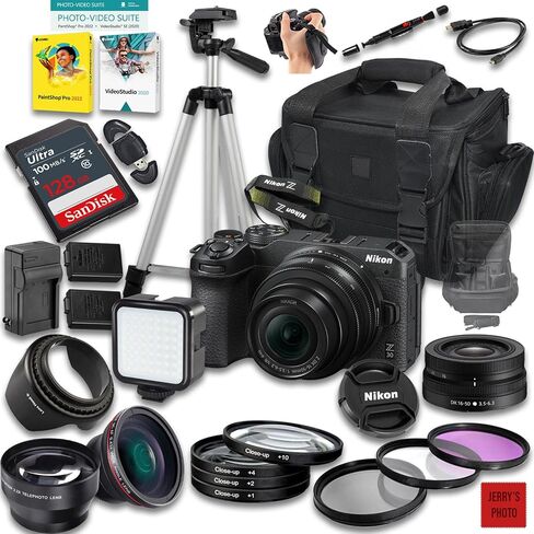 كاميرا Nikon Z30 بدون مرآة مع عدسة Z DX مقاس 16-50 مم f/3.5-6.3 VR + ذاكرة 128 جيجابايت + بطارية إضافية + حقيبة كاميرا + حامل ثلاثي القوائم + المزيد (حزمة 27 قطعة) (متجددة) in Saudi Arabia