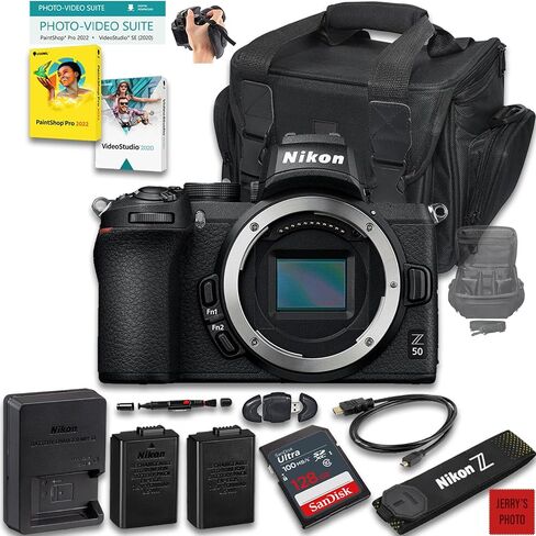 كاميرا Nikon Z50 بدون مرآة (الهيكل فقط) + ذاكرة سعة 128 جيجابايت + بطارية إضافية + شاحن إضافي + حقيبة كاميرا + كابل HDMI + المزيد (حزمة مكونة من 16 قطعة) (متجددة) in Saudi Arabia