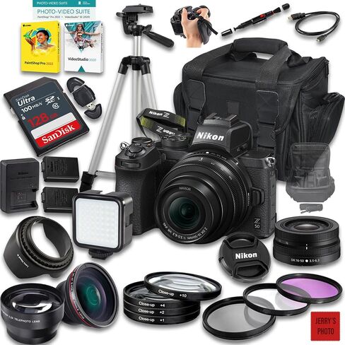 Nikon Z50 Mirrorless Camera with Z DX 16-50mm f/3.5-6.3 VR Lens + 128 GB Memory + Extra Battery + Camera Case + Tripod + More (29pc Bundle) (Renewed) in Saudi Arabia