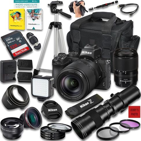 كاميرا Nikon Z50 بدون مرآة مع عدسة Z DX مقاس 18-140 مم f/3.5-6.3 VR وعدسة تليفوتوغرافي يدوية فائقة الدقة مقاس 420-800 مم f/8 + ذاكرة 128 جيجابايت + بطارية إضافية + حقيبة كاميرا + المزيد (حزمة 31 قطعة) (متجددة) in Saudi Arabia
