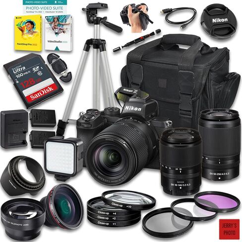 كاميرا Nikon Z50 بدون مرآة مع عدسة Z DX مقاس 18-140 مم f/3.5-6.3 VR و50-250 مم f/4.5-6.3 VR + ذاكرة 128 جيجابايت + بطارية إضافية + حقيبة كاميرا + حامل ثلاثي القوائم + المزيد (حزمة 32 قطعة) (متجددة) in Saudi Arabia