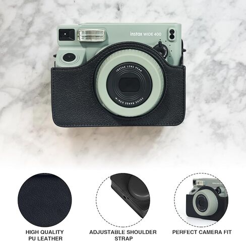 CAIYOULE Wide 400 Camera Case, for fujifilm Instax wide 400 Camera bag, PU Leather Carrying Bag with Magnetic Photo Pouch，No Camera，Black in Kuwait
