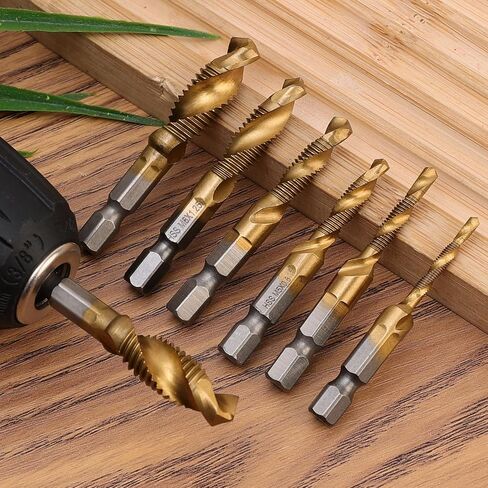6Pcs/Set HSS Countersink Drill Bit Set, Titanium Coated Combination Drill & Tap Bit - Hex Shank Spiral Pointed Taps - Metric Sizes M3, M4, M5, M6, M8, M10 in Saudi Arabia