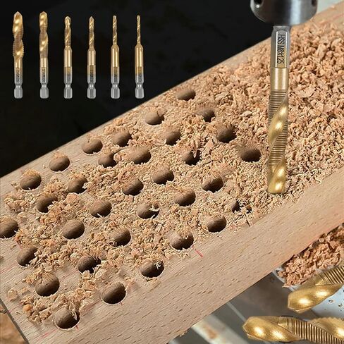 6Pcs/Set HSS Countersink Drill Bit Set, Titanium Coated Combination Drill & Tap Bit - Hex Shank Spiral Pointed Taps - Metric Sizes M3, M4, M5, M6, M8, M10 in Saudi Arabia