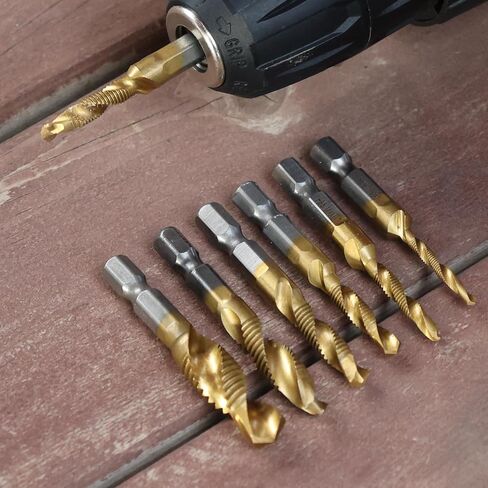 6Pcs/Set HSS Countersink Drill Bit Set, Titanium Coated Combination Drill & Tap Bit - Hex Shank Spiral Pointed Taps - Metric Sizes M3, M4, M5, M6, M8, M10 in Saudi Arabia