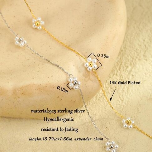 925 Sterling Silver Daisy Pearl Pendant Necklace for Woman 14K Gold Plated Dainty Pearl Choker Flower Necklaces to Daughter Mother Minimalist Elegant Trendy Christmas Wedding Jewelry Gift in Saudi Arabia