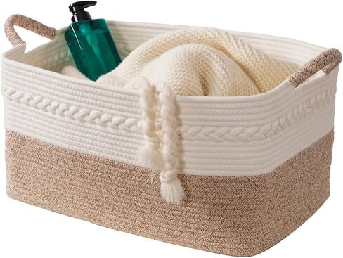 Decorative laundry basket with handles woven from natural cotton rope storage blankets for living room cute boho quilted gift baskets for clothes pillows toys 20"x14"x10",white/brown in Saudi Arabia