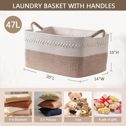 Decorative laundry basket with handles woven from natural cotton rope storage blankets for living room cute boho quilted gift baskets for clothes pillows toys 20"x14"x10",white/brown in Saudi Arabia
