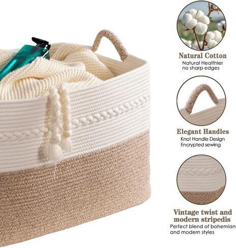 Decorative laundry basket with handles woven from natural cotton rope storage blankets for living room cute boho quilted gift baskets for clothes pillows toys 20"x14"x10",white/brown in Saudi Arabia