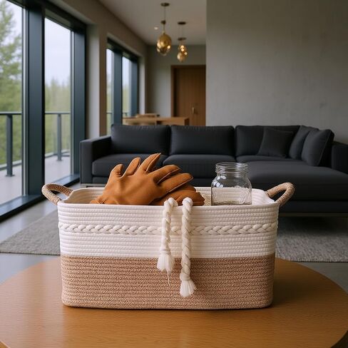 Decorative laundry basket with handles woven from natural cotton rope storage blankets for living room cute boho quilted gift baskets for clothes pillows toys 20"x14"x10",white/brown in Saudi Arabia