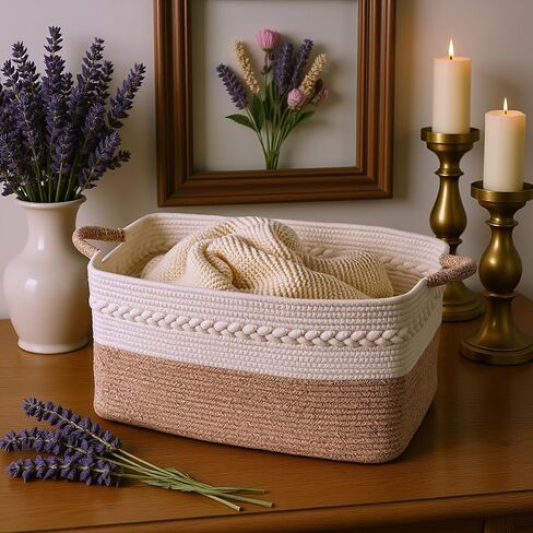 Decorative laundry basket with handles woven from natural cotton rope storage blankets for living room cute boho quilted gift baskets for clothes pillows toys 20"x14"x10",white/brown in Saudi Arabia