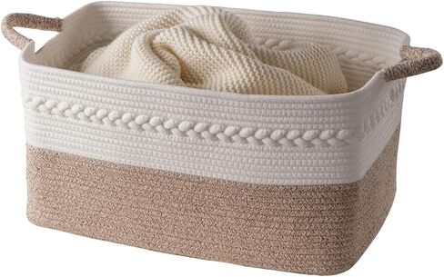 Decorative laundry basket with handles woven from natural cotton rope storage blankets for living room cute boho quilted gift baskets for clothes pillows toys 20"x14"x10",white/brown in Saudi Arabia