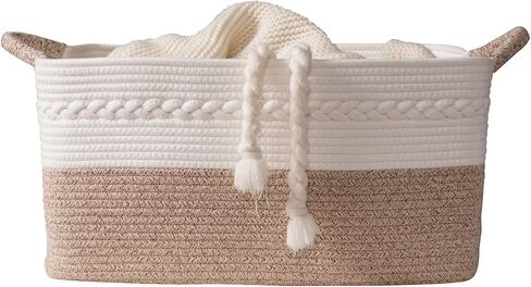 Decorative laundry basket with handles woven from natural cotton rope storage blankets for living room cute boho quilted gift baskets for clothes pillows toys 20"x14"x10",white/brown in Saudi Arabia