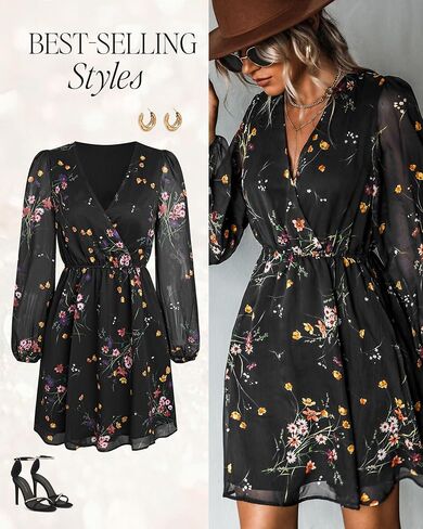 CUPSHE Women's Floral Print Chiffon A-Line Mini Dress Long Peasant Sleeves in Kuwait