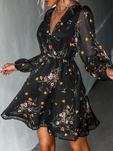CUPSHE Women's Floral Print Chiffon A-Line Mini Dress Long Peasant Sleeves in Kuwait