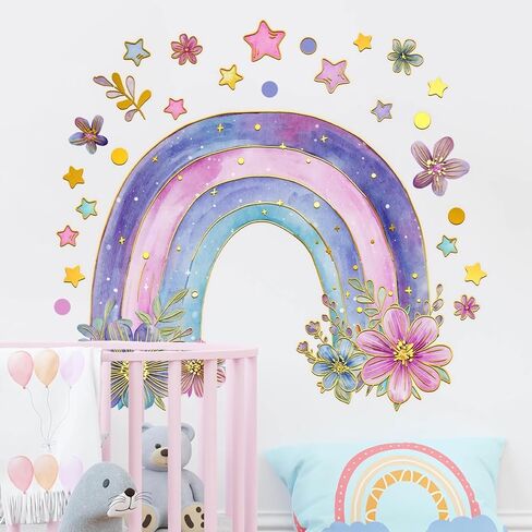 Colorful Rainbow Wall Stickers for Girls Room Watercolor Boho Rainbow Wall Decals & Murals Peel and Stick Floral Decor for Kids Room Nursery Bedroom (Purple) in Saudi Arabia