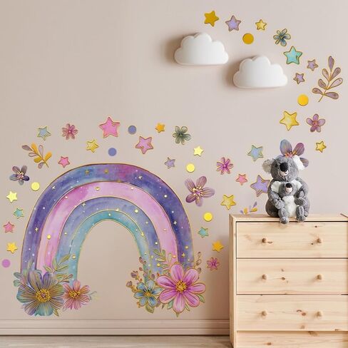 Colorful Rainbow Wall Stickers for Girls Room Watercolor Boho Rainbow Wall Decals & Murals Peel and Stick Floral Decor for Kids Room Nursery Bedroom (Purple) in Saudi Arabia
