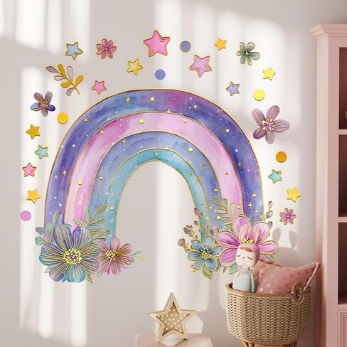 Colorful Rainbow Wall Stickers for Girls Room Watercolor Boho Rainbow Wall Decals & Murals Peel and Stick Floral Decor for Kids Room Nursery Bedroom (Purple) in Saudi Arabia