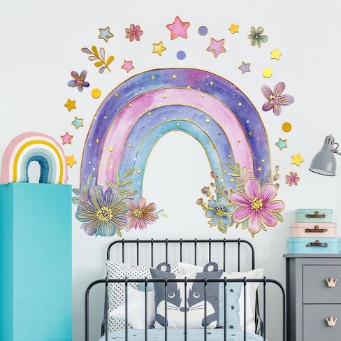 Colorful Rainbow Wall Stickers for Girls Room Watercolor Boho Rainbow Wall Decals & Murals Peel and Stick Floral Decor for Kids Room Nursery Bedroom (Purple) in Saudi Arabia