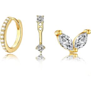 3pcs elegant and stylish golden butterfly-shaped pink zirconia stud earrings for women。Surgical Steel Drop Dangle Small Huggie Hoop Earrings Set 14K Gold Plated Hypoallergenic CZ Stud Earrings for Women Waterproof and Non Tarnish Rectangle in Saudi Arabia