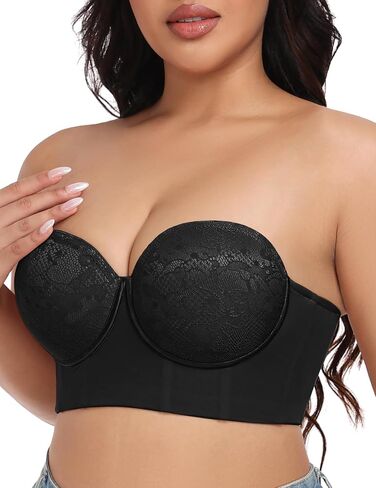 FallSweet Longline Strapless Bra for Large Bust C-DD, Anti-Slip Back Smoothing Convertible Lace Corset for Wedding Party in Kuwait