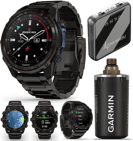 Wearable4U Garmin Descent Mk3i 43 mm w/T2 Transceiver: Titanium Dive Computer +Extra-Long Strap | Up to 25 Days Battery Life, AMOLED Display, GPS Smartwatch Gift Bundle (010-02753-10) in Kuwait