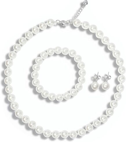 Pearl Necklace Set for Women and Girls, 8mm Glass Faux Pearl Includes Bracelet & Stud Earrings, 3-Piece Costume Jewelry Set, Wedding Bridesmaid Prom Gifts in Saudi Arabia