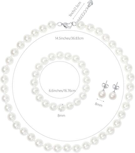 Pearl Necklace Set for Women and Girls, 8mm Glass Faux Pearl Includes Bracelet & Stud Earrings, 3-Piece Costume Jewelry Set, Wedding Bridesmaid Prom Gifts in Saudi Arabia