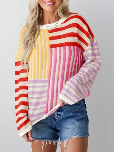 البلوزات النسائية Crewneck المتضخم كم طويل مخطط كتلة اللون فضفاضة متماسكة البلوز القمم in Saudi Arabia