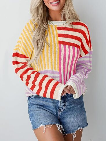 البلوزات النسائية Crewneck المتضخم كم طويل مخطط كتلة اللون فضفاضة متماسكة البلوز القمم in Saudi Arabia