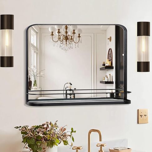 مرآة حمام سوداء من VASUHOME مع رف، مرآة زينة مثبتة على الحائط مقاس 21 بوصة × 27 بوصة مع إطار معدني وزوايا مستديرة، رف تخزين للحمام وغرفة النوم وغرفة المعيشة والمدخل in Kuwait