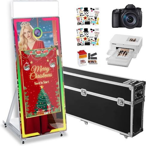 Magic Mirror Photo Booth with Camera and Printer,65’’ Mirror Photo Booth with 43’’ Interactive Screen,Remote Control RGB Lights Instant Print and Sharing for Parties Wedding Rental (Black) in Saudi Arabia