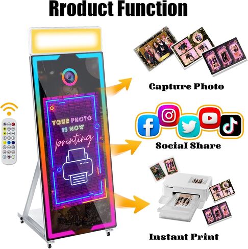 Magic Mirror Photo Booth with Camera and Printer,65’’ Mirror Photo Booth with 43’’ Interactive Screen,Remote Control RGB Lights Instant Print and Sharing for Parties Wedding Rental (Black) in Saudi Arabia