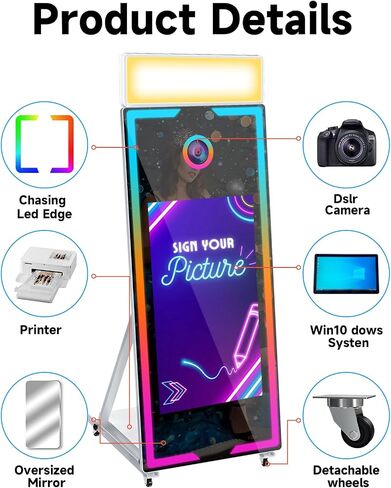 Magic Mirror Photo Booth with Camera and Printer,65’’ Mirror Photo Booth with 43’’ Interactive Screen,Remote Control RGB Lights Instant Print and Sharing for Parties Wedding Rental (Black) in Saudi Arabia