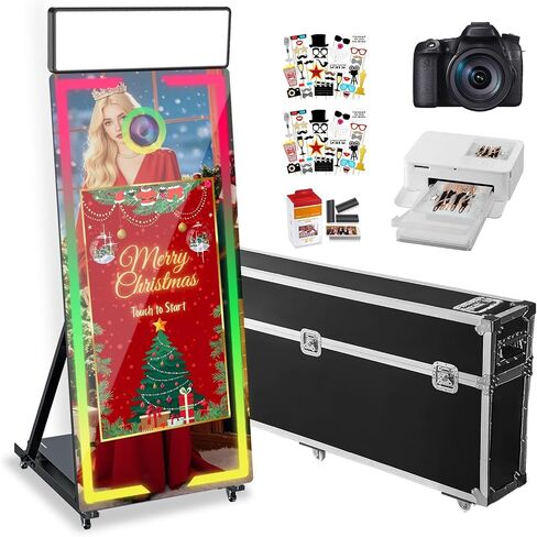 Magic Mirror Photo Booth with Camera and Printer,65’’ Mirror Photo Booth with 43’’ Interactive Screen,Remote Control RGB Lights Instant Print and Sharing for Parties Wedding Rental (Black) in Saudi Arabia